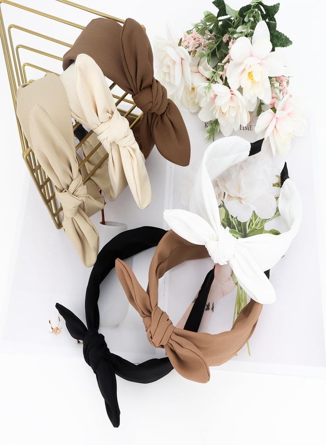 Jaciya 6 Pieces Knotted Bow Headbands for Women Wide Black Headbands for Girls Hair Accessories Knot Headband with Bow(Black/Brown/Khaki/White) - Image 2